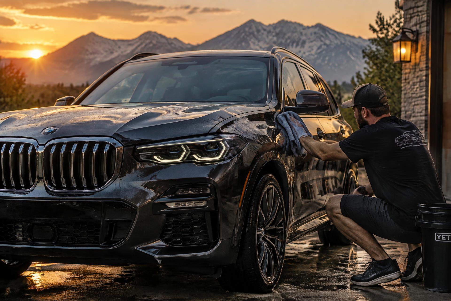 Detailer hand-washing a dark SUV in a Utah driveway at sunset